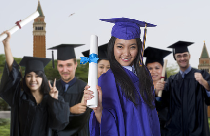 Asian female graduating with her peers.